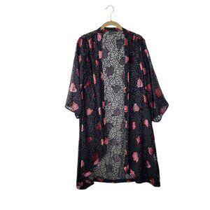 Saachi Anthropologie Dotty Velvet Burnout Kimono Black Pink Floral Wrap One Size